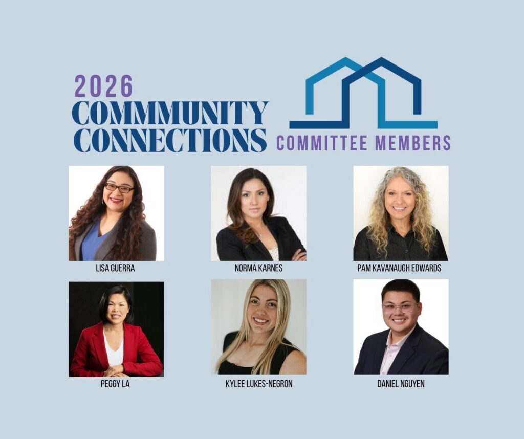 five women and one man in headshots with the words community connections committee at the top of the blue graphic
